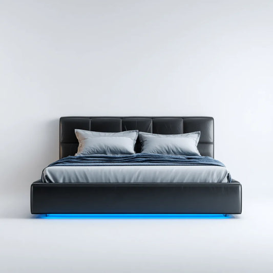 Polsterbett Doppelbett Schwarz 180 x 200 cm PU-Kunstleder Rechteckig mit blauem LED-Licht