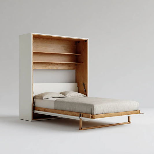 Schrankbett Klappbett Weiß Natur 160 x 200 cm mit Regal aus MDF und Eichenfurnier